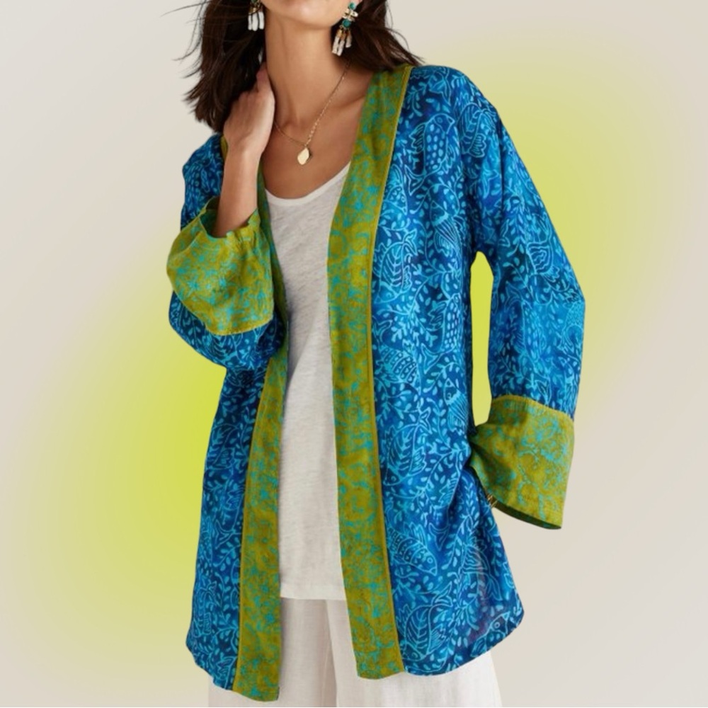 Soft Surroundings Blue Batik Koi Fish Print Islamorada Topper Cardigan XS